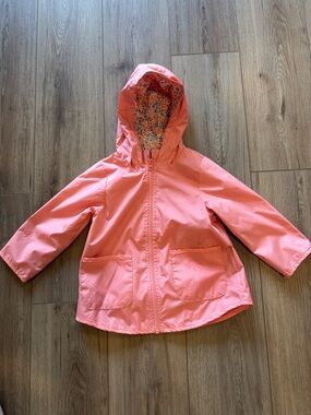 Simple Joys by Carter's Coral Hooded Raincoat with Floral Lining (2T)